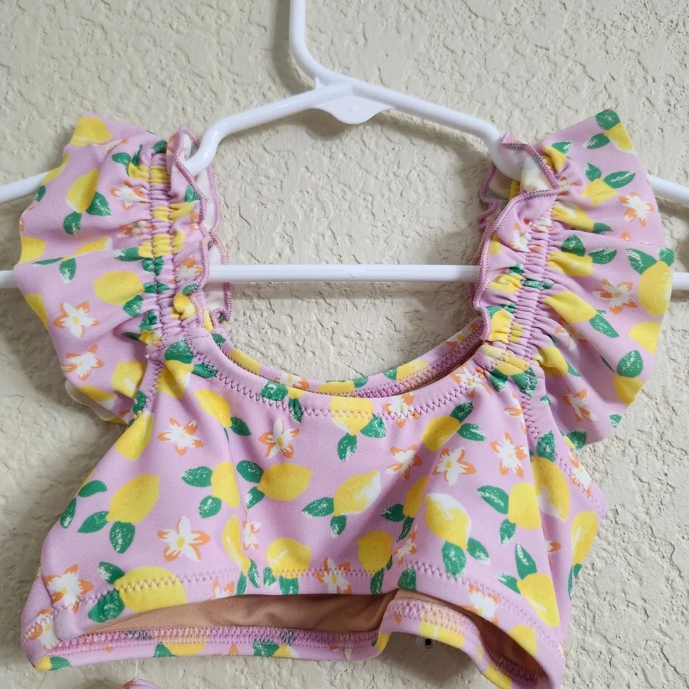 Crewcuts Girls Pink Lemon‎ Print Ruffle 2-Piece Bikini Swimsuit BX178 Size 2